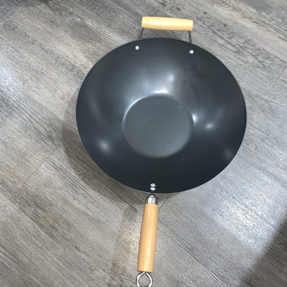 Black Large Size Wok With Wooden Handle Induction Electric Gas Compatible